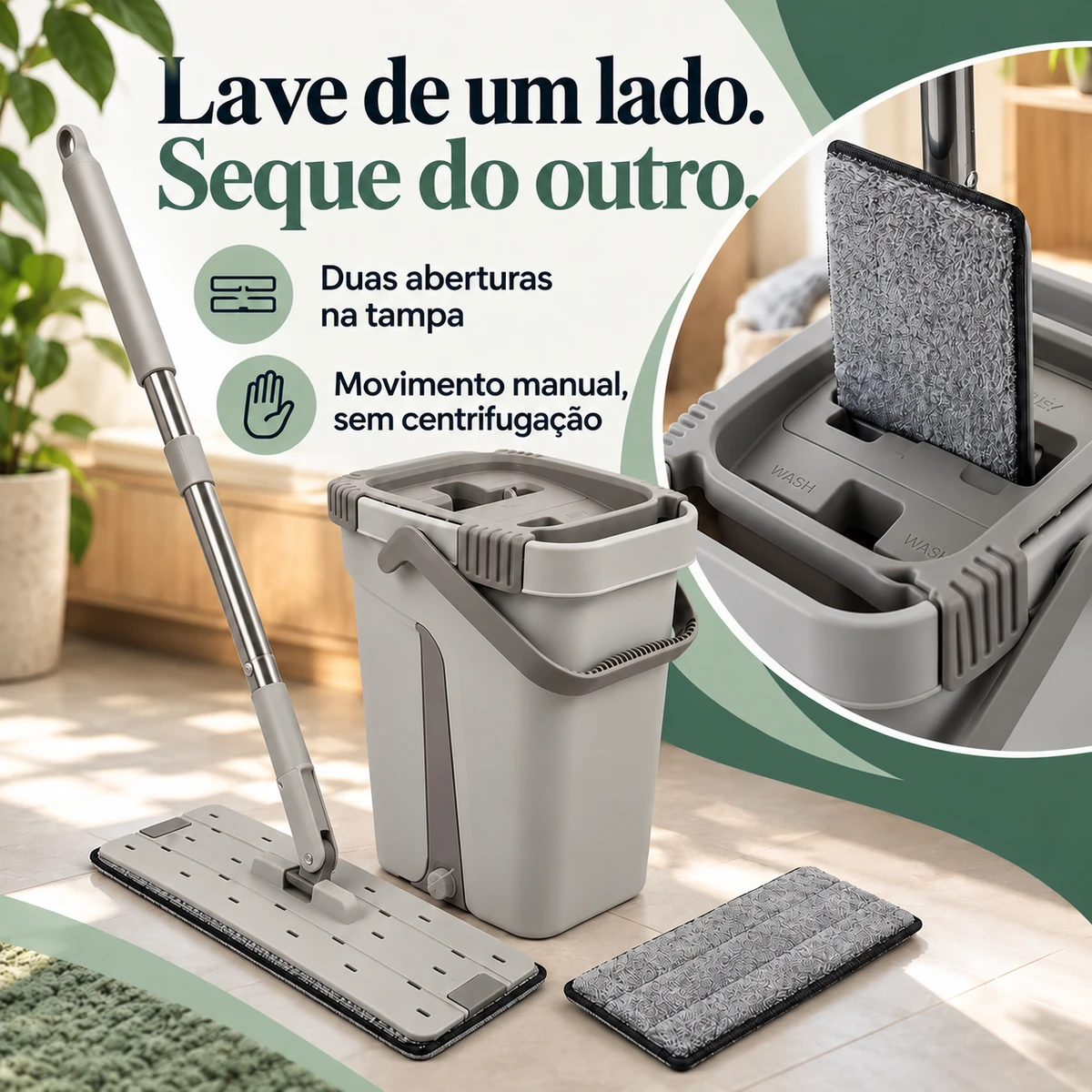 Demonstração da principal funcionalidade de Mop Flat com Balde e 2 Panos de Microfibra