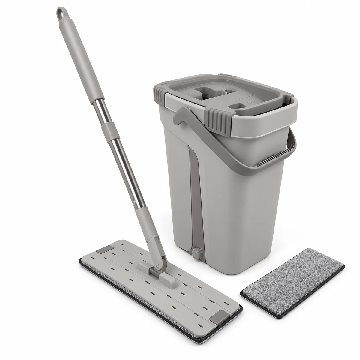Mop flat cinza com balde retangular e dois panos de microfibra